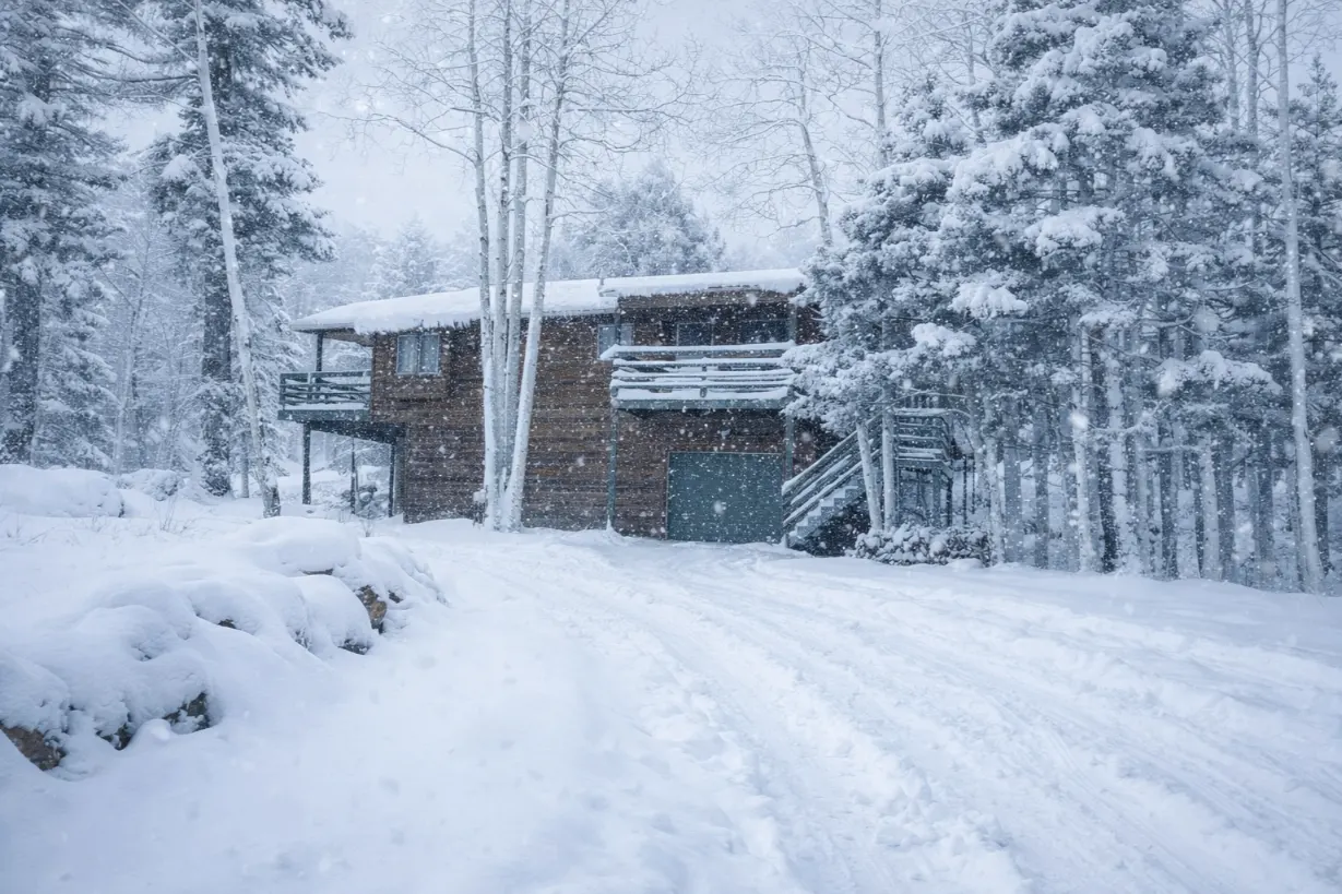 Snowy cabin exterior